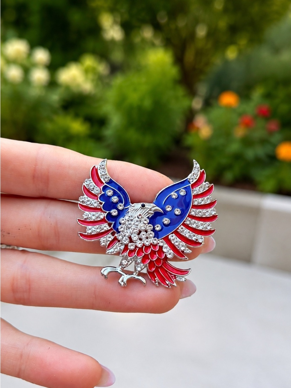 Patriotic Eagle Brooch in Red, Blue & Silver